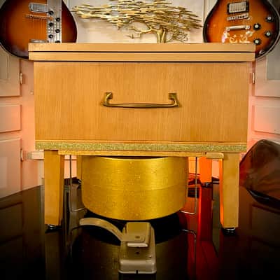 Rotary Connection Vibra-Table MINI PLUS! Leslie/Rotary guitar speaker cabinet/fliptop table with upfiring vintage 10” speaker and 12” downfiring into Leslie. Speed control foot switch. LIGHTS UP! 50 watts/16 ohms 2026 - Blonde wood / gold sparkle image 7