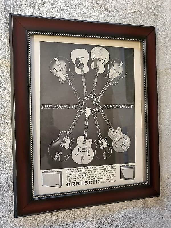 1962 Gretsch Guitars Promotional Ad Framed White Falcon, Jet Firebird, 6120, Country Gent Original image 1