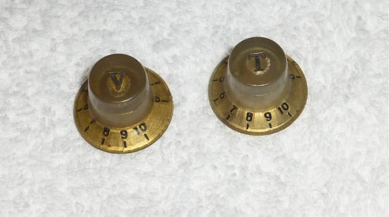 Original Vintage 1960s 1970s Gold Volume and Tone Knobs Matching Set of 2 for Univox Guyatone Teisco  Conrad Kawai Etc. Guitars Made in Japan Excellent image 1