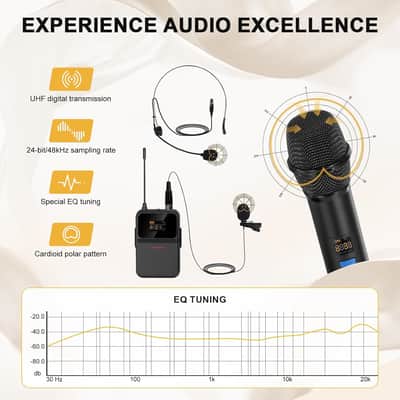 4-Channel Wireless Microphone System,UHF Cordless Mic Set w/ 4x10 Frequencies, 200ft, 2 Handheld Dynamic Mics, 2 Bodypacks & Headset/Lapel Microphones for Singing, Karaoke, DJ image 3