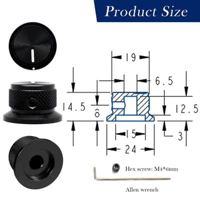 Guitar Knobs Black Set Screw Top Hat Knob with Line Indicator, Knurled 1/4" Universal Aluminum Potentiometer Knobs for Volume/Tone Control, Compatible with Guitar, Bass, Effect Peda- 3pcs image 3