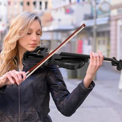 Electric Violin Full Size 4/4, Black Silent Electric Violin, Solid Wood Metallic Electric Fiddle with Ebony Fittings, Beginner Kit for Adults Teens image 3
