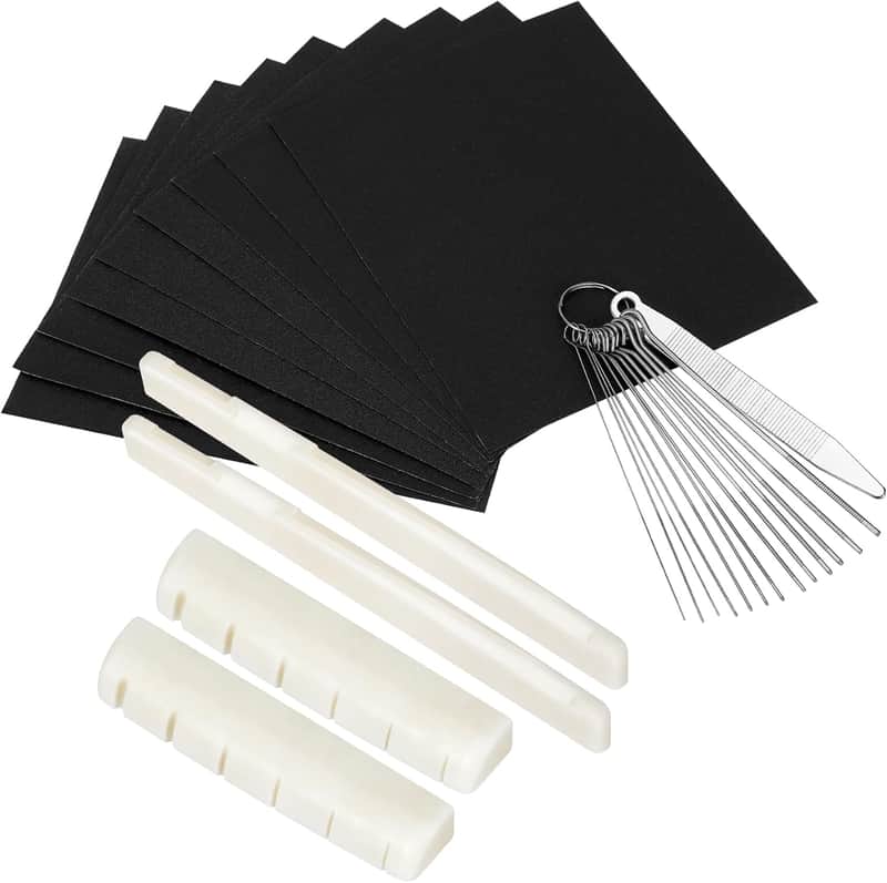 2 Sets (4pcs) 6 String Acoustic Guitar Bone Bridge Saddle and Nut, Made of Real Bone with 9 Pcs Sand Paper, Stainless Steel Needle Files of 13 Sizes image 1