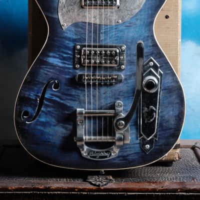 Postal Midnight Special Flamed Maple Blue Silverplate Engraved Pickguard Bigsby image 1