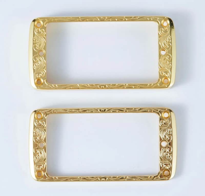Humbucker Pickup Mounting Rings Curved Bridge and Neck Ornate Gold Metal set of 2 image 1