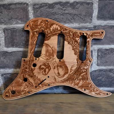 Wood Pickguard for Stratocaster HSS and SSS Laser engraved Real Cherrywood with Unique Artwork image 1