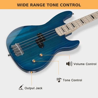 Glarry GP Electric Bass Guitar Without Pickguard Blue Bass Guitar image 7