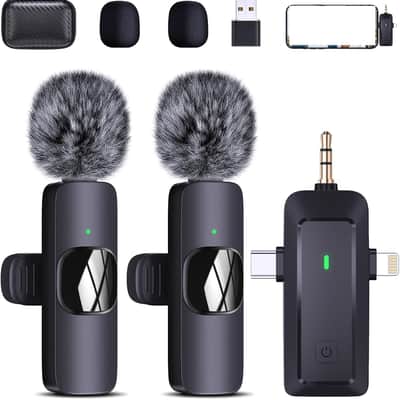 wireless lavalier microphone, suitable for iPhone/Android phones/cameras/computers/four in one lavalier microphone, suitable for video and audio recording, TikTok, etc., with microphone Bags, black image 1
