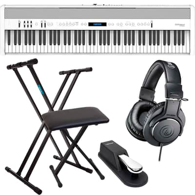 Roland FP-60X Portable Digital Piano (White), Keyboard Stand, Bench, Sustain Pedal, ATH-M20X Bundle
