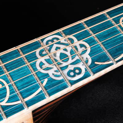 Lindo Earth Slim Body Electro Acoustic Guitar | Figured Tamo Ash and Flatsawn Zebrano | BS3M Blend Preamp/Tuner with Dual Jack/XLR Output | Solid Maple Teal Fretboard and Bridge (Nylon Strings) image 12