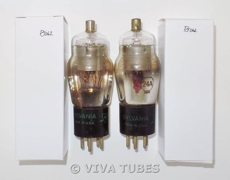NOS Date Matched Pair Sylvania USA Type 24A Silver Mesh Plate Vacuum Tubes image 1