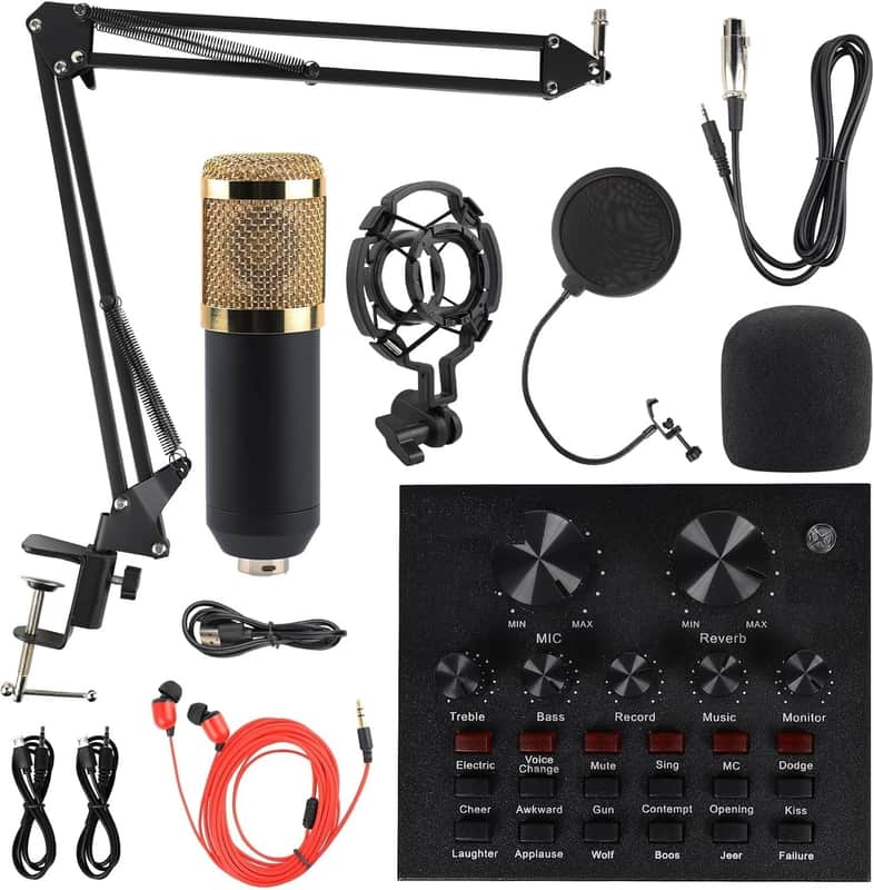 Condenser Microphone Bundle, Live Sound Card, Adjustable Boom Arm, Shock Mount, Metal Mic Pop Filter, Sponge Pop Filter Cover, Earphone, Audio Cables and Power Cable, Set of 11 Mic Kit image 1