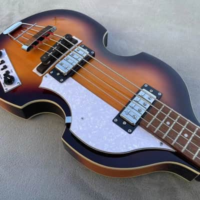30" Short Scale Electric Violin Bass – Semi-Hollowbody, Flame Maple Back, Sunburst Finish image 5
