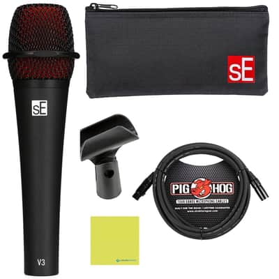 Liquid Audio sE Electronics V3 Cardioid Dynamic Vocal Microphone Bundle w/Pig Hog PHM10 8mm Mic Cable Polishing Cloth image 1