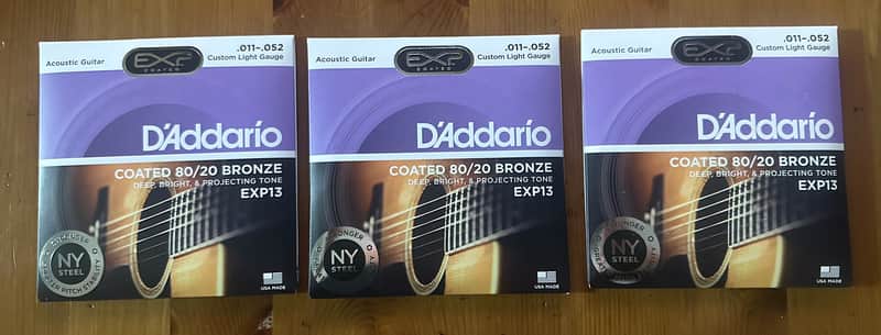 3 - sets D'Addario EXP13 Coated 80/20 Bronze Custom Light Acoustic Guitar Strings, 11-52 2003 - 2020 - Coated image 1