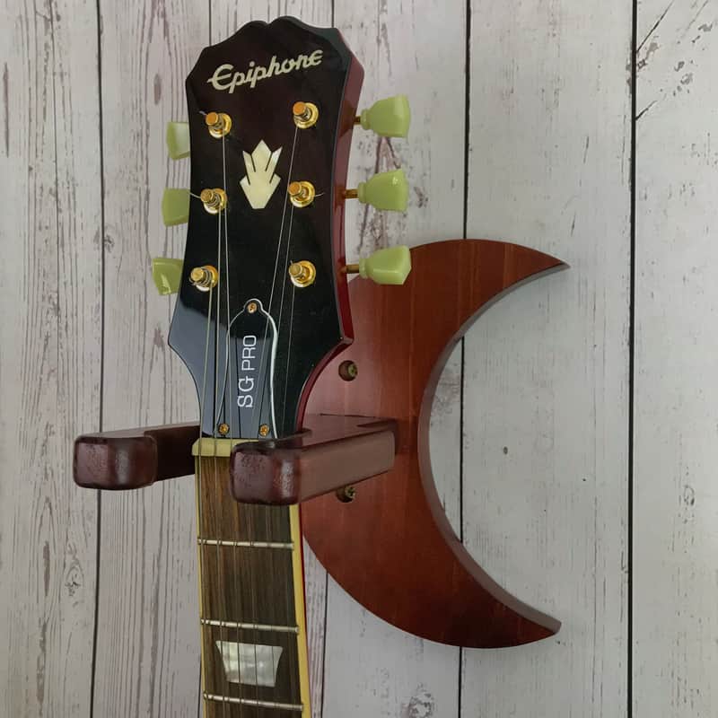 Handmade Brown Wooden Guitar Wall Hanger - Unique Moon Design image 1