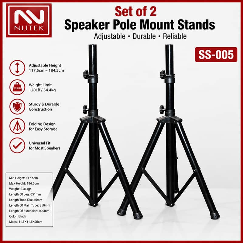Pair of Nutek SS-005 Adjustable Folding Speaker Pole Mount Stands - Black image 1
