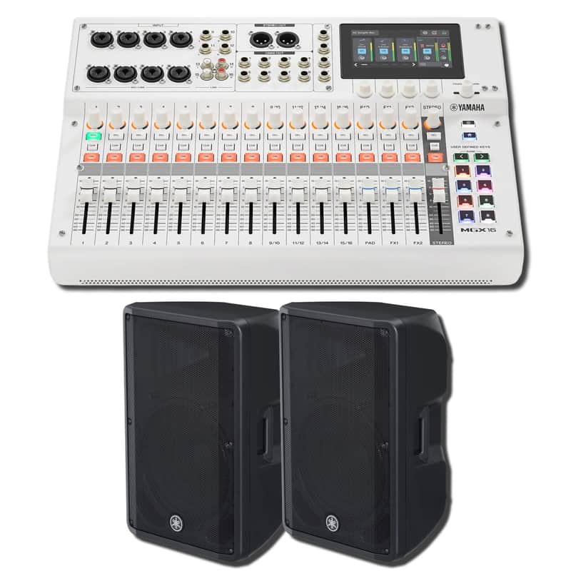 Yamaha MGX16 W 22-Channel Digital Mixing Console White Full-Range PA Bundle with Two DBR15 15-Inch 1,000W Powered Speakers image 1