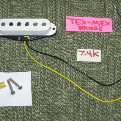 very near A+ (rarely used) genuine Fender Tex-Mex Stratocaster Bridge Single Coil Pickup, 7.4k full strength, White Cover (p/n # 50659000) +screws & rubber bushings, Alnico 5 magnets, staggered pole pieces, Polysol magnet wire, vinyl output wires image 1