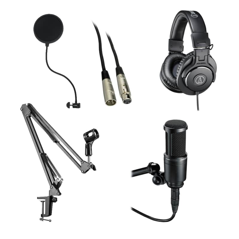 Audio-Technica AT2020 Cardioid Condenser Microphone with Audio-Technica ATH-M30x Monitoring Headphones, Microphone Pop Filter, StreamEye Adjustable Boom Arm & XLR Cable image 1