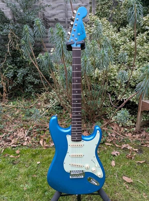 Excellent Blue Jim Deacon Strat Electric Guitar + New Strings + Padded Gigbag image 1
