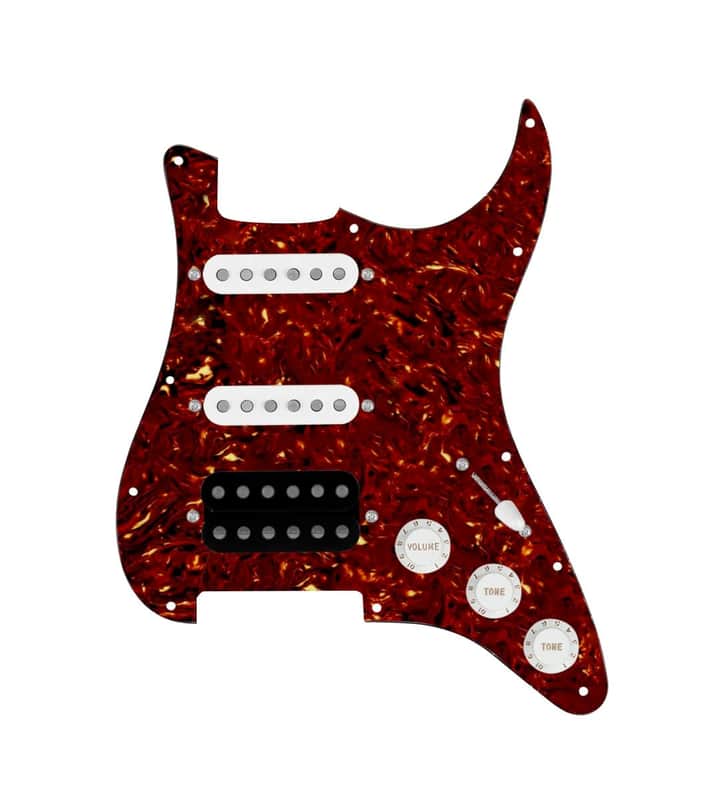 920D Custom HSS Loaded Pickguard For Strat With An Uncovered Cool Kids Humbucker, White Texas Grit Pickups, Black Knobs, and Tortoise Pickguard image 1