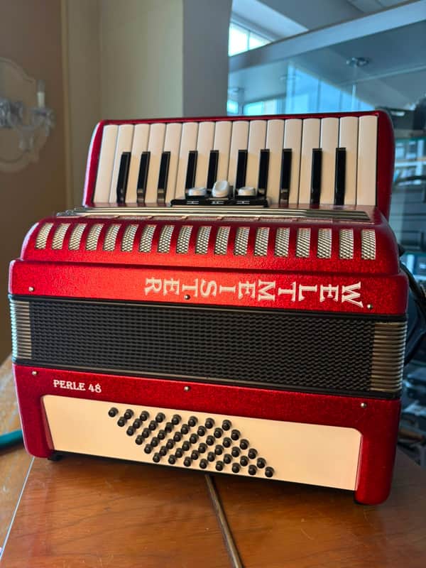 Neu Weltmeister Perle 48 Piano Akkordeon Rot, Blau, Weiß image 1