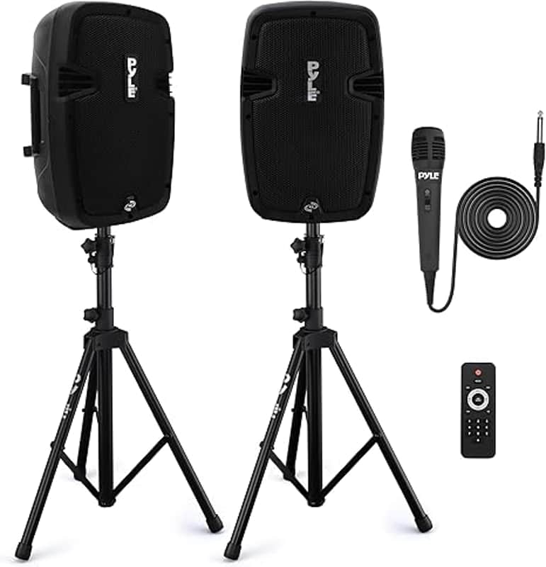 Powered PA Speaker System Active & Passive Bluetooth Loudspeakers Kit with 8 Inch Speakers, Wired Microphone, MP3/USB/SD/AUX Readers, Speaker Stands, Remote Control - Black image 1