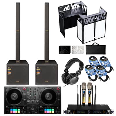 (2) PRO DG IRIS Portable Line Array Column PA With an 18" Subwoofer - Hercules DJ T7 - RDCMKL DJ Table - Tascam TH02 - PSG Audio UGX21 II - (4) XLR Cables Bundle image 1
