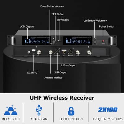 Professional UHF Wireless Microphone System, 2 Channel Metal Microphone Set of 2 Handheld Cordless Mics, Auto Scan,2*100 Frequenciens,Up to 350ft for Singing, Karaoke, Church, Wedding image 2