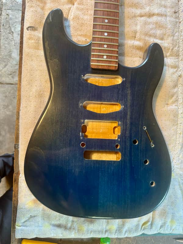 Custom Superwide Superstrat Style Guitar Neck and Body - Trans-tint Blue image 1
