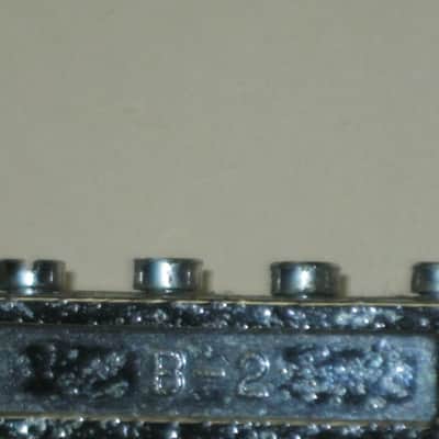 visibly used / relic'd real player's wear Epiphone B-2 metric ABR-1 vintage style bridge CHROME, large posts mounting pieces (NO anchors) early 2000s (for some import guitars that use this style bridge) will NOT fit on Gibson - mounting holes are too big image 3