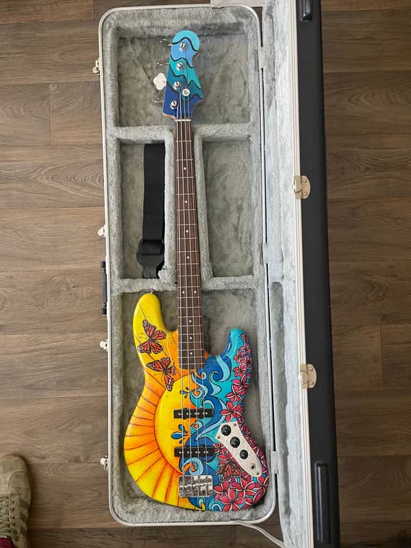 Fender Jazz Bass with Road Runner case - Custom paint by Galveston artist KM Zimmerman image 1