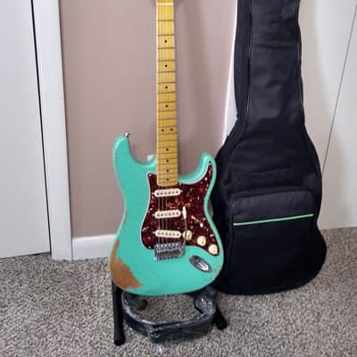 Sawtooth ES Alder Body Relic Surf Green Stratocaster with New Padded Gig Bag and Leather Strap image 2