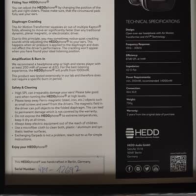 Hedd Phone The world's first full-range Air Motion Transformer Patented VT Technology Frequency Response: 10Hz-40kHz Impedance: 420 SPL: 87dB/mW Made in Germany 2026 image 5