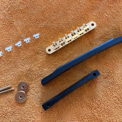 NOS-70’s Gibson Ebony Archtop/Carved Top Bridge Base & Saddle Assembly Polished Grade #1 Ebony w/ Gold Hardware and 2025  ABR-1 Wired 24K Gold Plated bridge - COMBO image 3