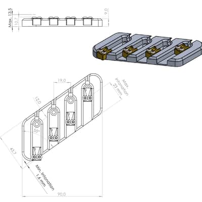 Bass bridge 4 strings for fanned scale multiscale Dingwall Retrofit by Nova Guitar Parts image 3