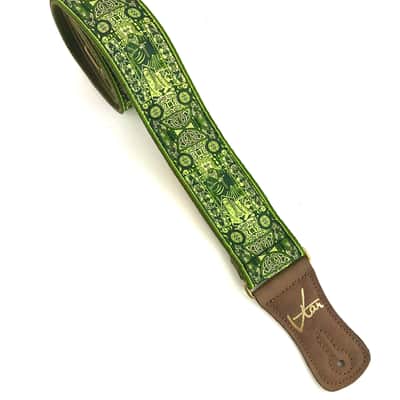 Handmade Green Irish Celtic Book Of Kells Hemp Guitar Strap by VTAR, with Brass Details and Brown Vegan Leather. For Acoustic, Bass and Electric image 1
