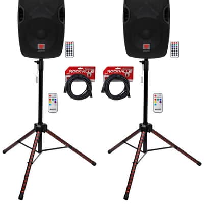(2) Rockville BPA12 12" Powered 600w DJ PA Speakers wBluetooth+LED Stands+Cables image 1