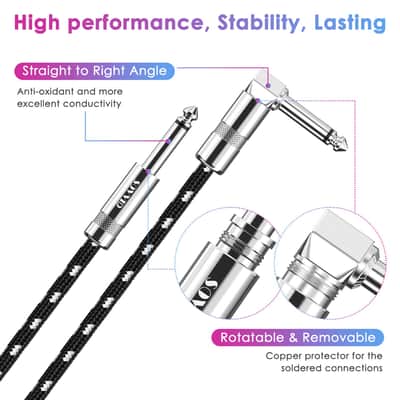 10FT 2 Pack Instrument Cable - Electric Guitar & Bass Guitar Cable with Right Angle 1/4 Inch Connector - Black & White image 4