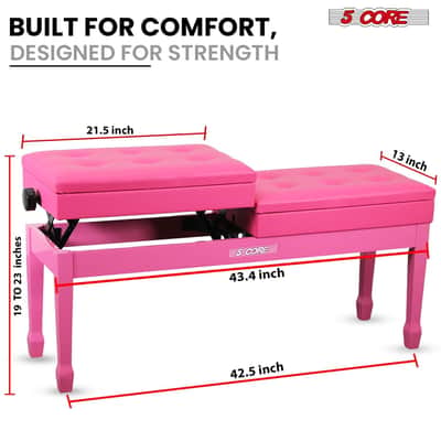 5 Core Duet Piano Bench 3.5 Inch Padded Cushioned Stool Wooden Heavy Duty Musician Chair Height Adjustable Double Keyboard Seat w Storage Nonslip Pink - PNB DT PNK-Pink image 3