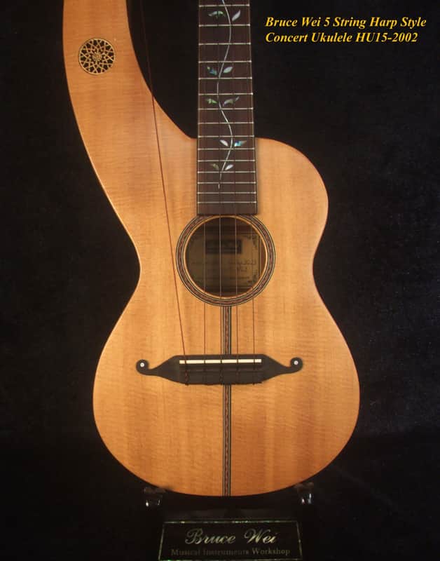 Handcrafted 5 String Harp Style Concert Ukulele, Solid Spruce, Mahogany, MOP Vine Inlay, Bruce Wei HU15-2002 image 1