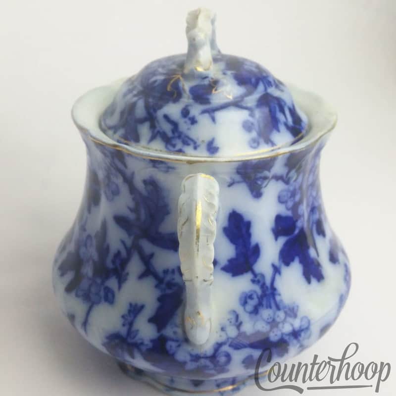 Mercer Flow Blue+Gold Sugar Bowl Semi-Viterous/Vitreous 1890s American China USA image 1