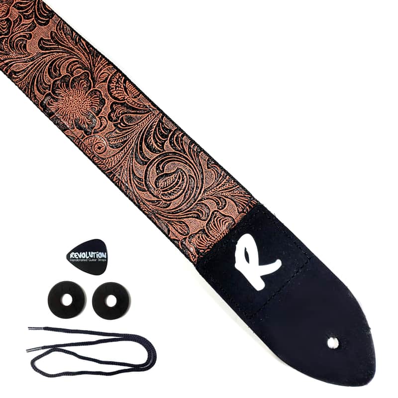 Vegan Leather Guitar Strap - Pink Tones Tooled Faux Leather Guitar Strap - Genuine Leather Ends -Fits Acoustic, Electric or Bass Guitars image 1