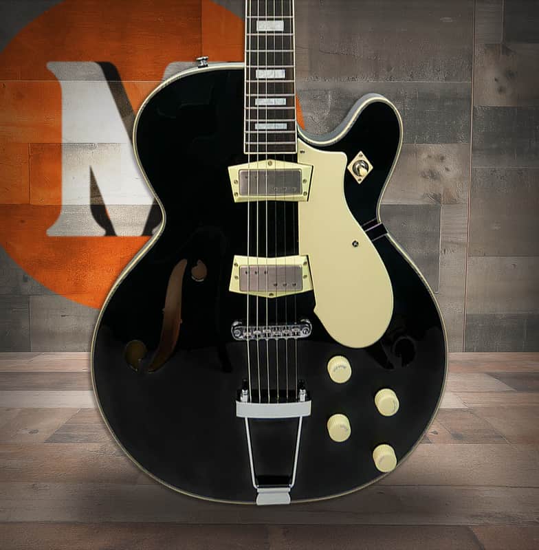 Silvertone Semi-Hollow w/ Trapeze 2 mini-hum PU's - Gloss Black (1446TBK) image 1