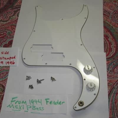 used light medium relic'd 1996 Fender Mexi Std P Bass WHITE (slightly aged) 3 Ply (w/b/w), 13 Hole PICKGUARD, NO heel truss rod adjustment notch, +wired CTS 250K audio V & T controls w/ 0.047µF capacitor & jack + knobs & screws (NO: pickups or bass) image 1