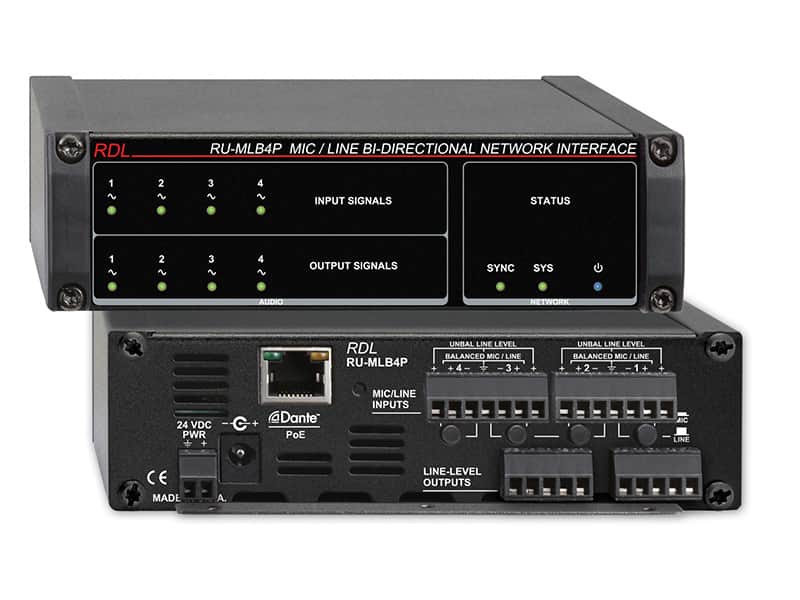 RDL RU-MLB4P Network Interface, 4 Mic/Line Ins, Dante In, 4 Balance Outs, Dante Out, PoE image 1