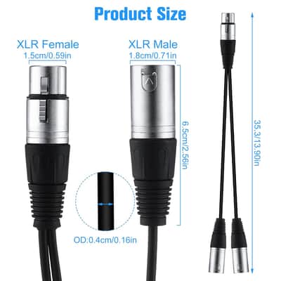 XLR Splitter Cable 1 XLR Female to 2 XLR Male Patch Y Cable Balanced Microphone Splitter Cord Audio Adaptor XLR Y Splitter Microphone Cable for Stereo Mic to L and R Audio Track, 1 Foot (10 Pcs) image 2
