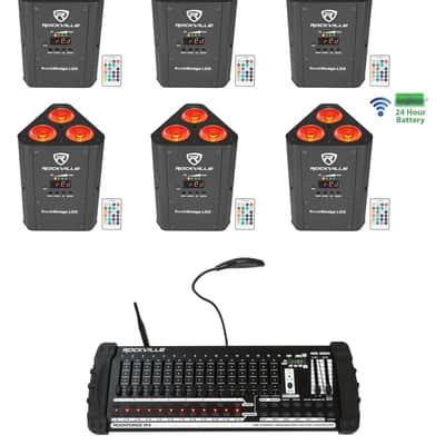 (6) Rockville RockWedge LED Battery Lights+384 Channel Wireless DMX Controller