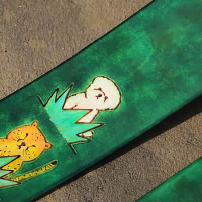 burnyblack custom made guitar strap - animals in forest leather/green image 12